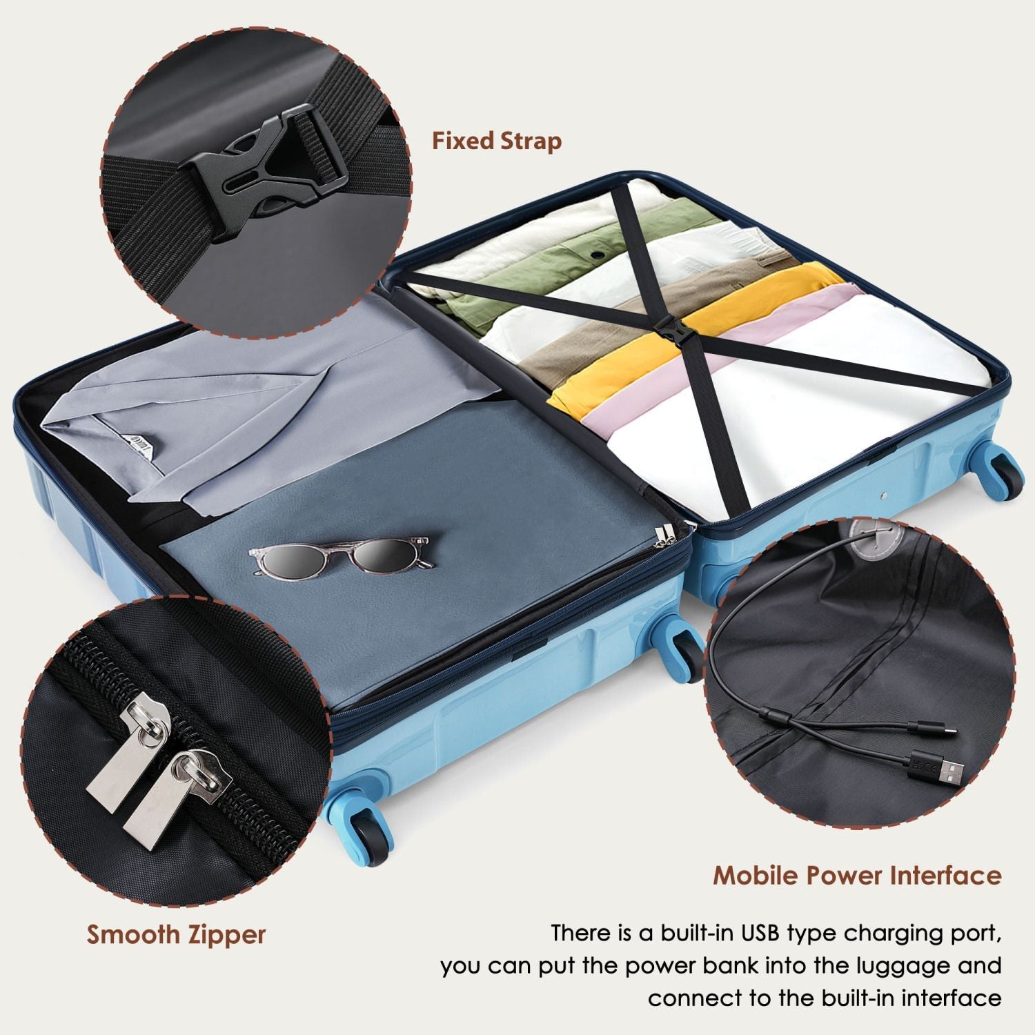 Luggage Set of 3, 20-inch with USB Port, Airline Certified Carry-on Luggage , ABS+PC Hard Shell Luggage with Spinner Wheels, Gradient Blue New Era Fashion LLc
