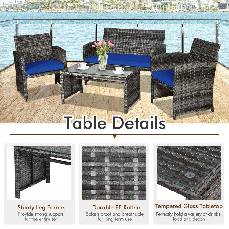 4 Pieces Patio Rattan Furniture Set with Glass Table and Loveseat New Era Fashion LLc