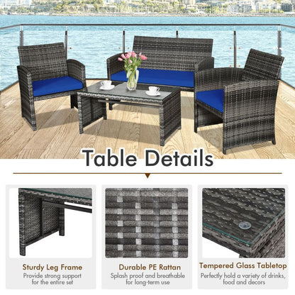 4 Pieces Patio Rattan Furniture Set with Glass Table and Loveseat New Era Fashion LLc