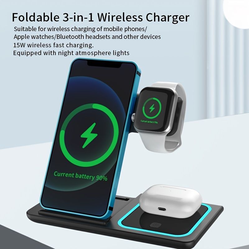 3 In 1 Fast Charging Station; Folding Wireless Charger Stand For IPhone 14; 13; 12; 11/Pro/Max/Mini/Plus; X; XR; XS/Max; SE; 8/Plus; Apple Watch 1-8; Airpods 3/2/Pro New Era Fashion LLc