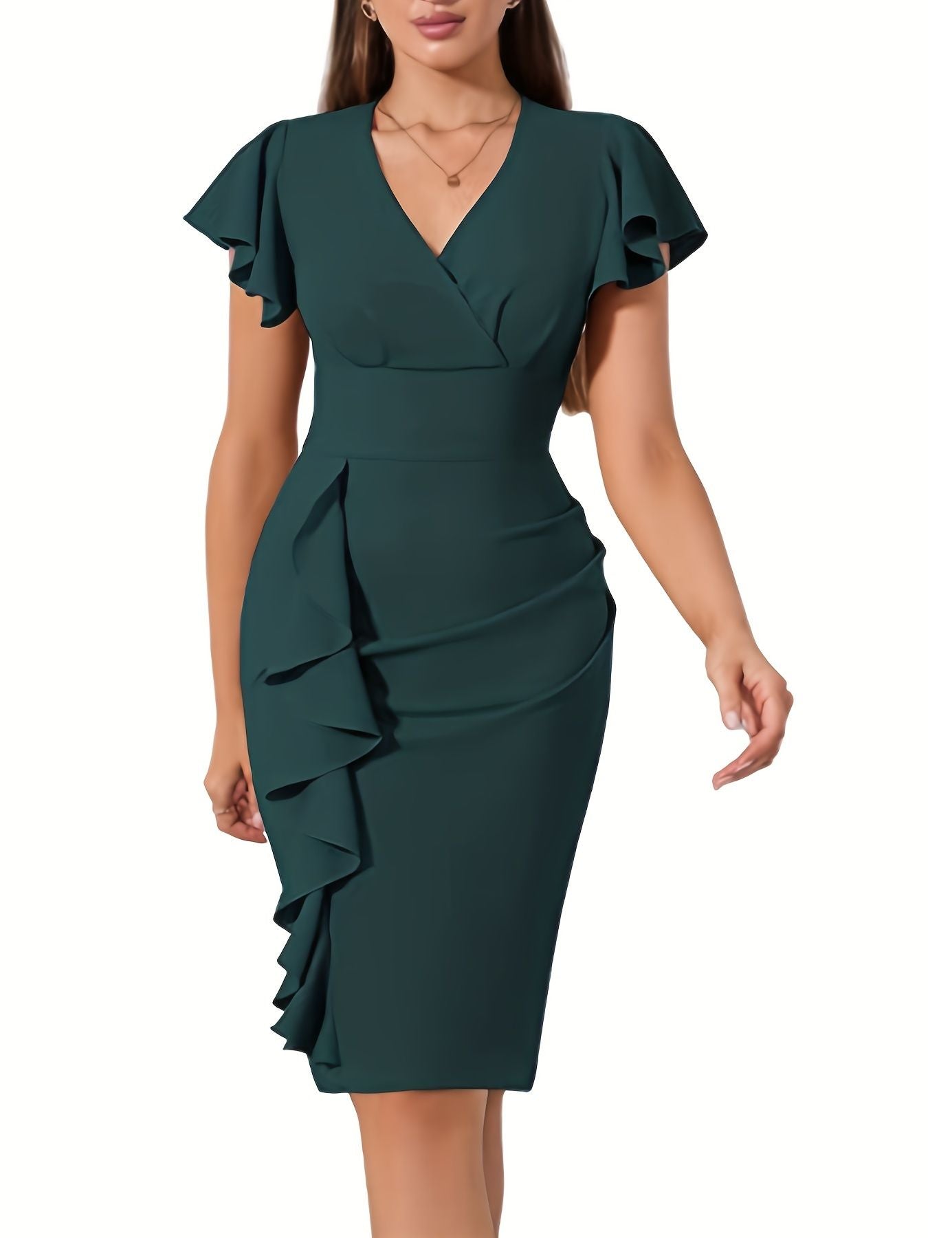 Ruffle Hem Bodycon Dress, Elegant V-neck Flutter Sleeve Dress, Women's Clothing New Era Fashion LLc