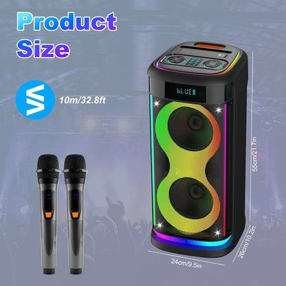 Portable Wireless Party Speaker with LED Light Wireless Mic Remote Control TWS Treble Bass Mic. Echo Music Accompany Mic. Priority Guitar In New Era Fashion LLc