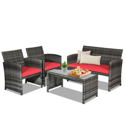 4 Pieces Patio Rattan Furniture Set with Glass Table and Loveseat New Era Fashion LLc