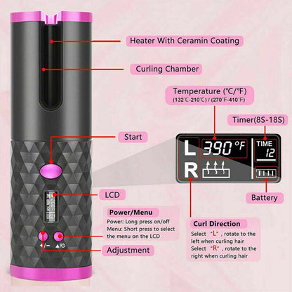 Hair Curler LCD Cordless Auto Rotating Waver Curling Iron Ceramic Wireless USA New Era Fashion LLc