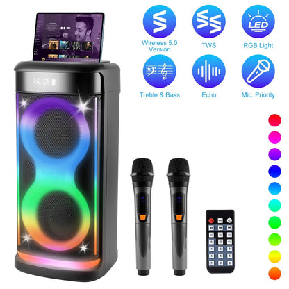 Portable Wireless Party Speaker with LED Light Wireless Mic Remote Control TWS Treble Bass Mic. Echo Music Accompany Mic. Priority Guitar In New Era Fashion LLc