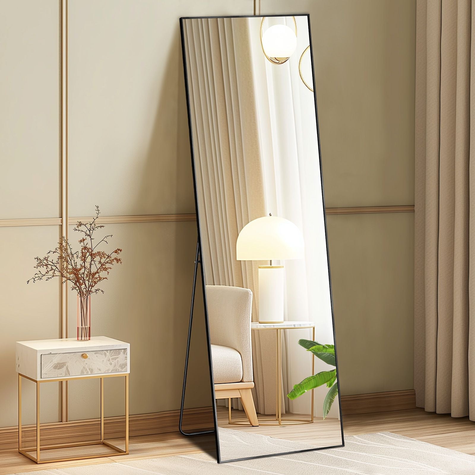 Floor Standing Mirror, Wall Mirror with Stand Aluminum Alloy Thin Frame,21''*64'',Black-rect New Era Fashion LLc