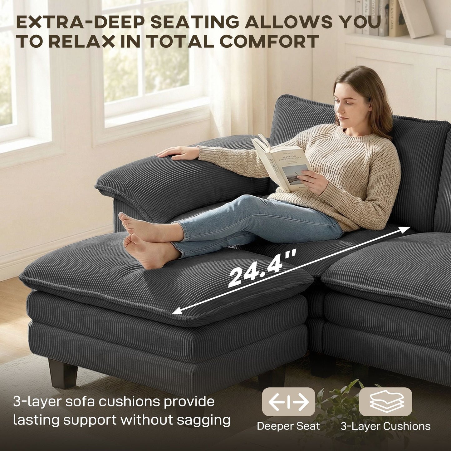 Sectional Sofa, L Shaped Couch with Deep Seat, Movable Ottoman and Pillow-top Armrests, Dark Gray New Era Fashion LLc