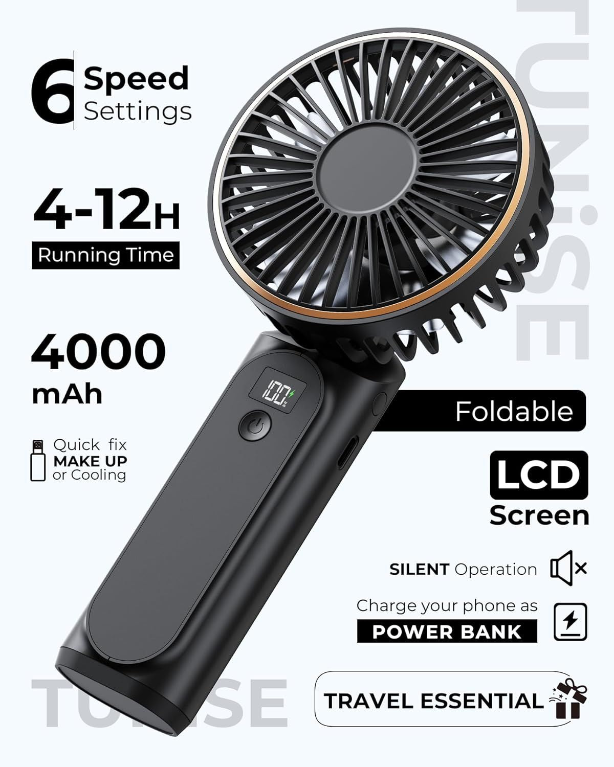 Portable Handheld Fan, Portable Fan Rechargeable, 4000mAh, 180° Adjustable, 6 Speed Wind, Display Electricity in Real Time, USB Rechargeable Foldable F an, Quiet Personal Fan as Power Bank New Era Fashion LLc