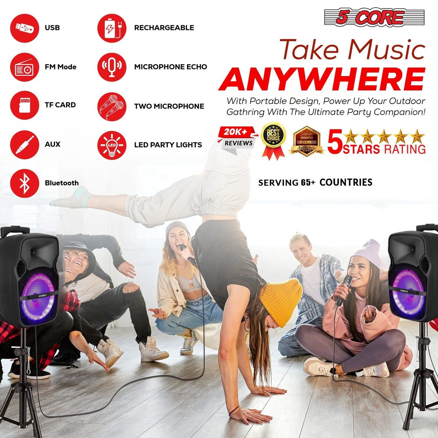 5 Core Party Speaker Bluetooth 250W Big Monster Powered Rechargeable Outdoor PA DJ System w Disco Lights 2 Wireless Karaoke Mics Portable Rolling Speakers w Handle Black - ACTIVE HOME 8 2-MIC New Era Fashion LLc