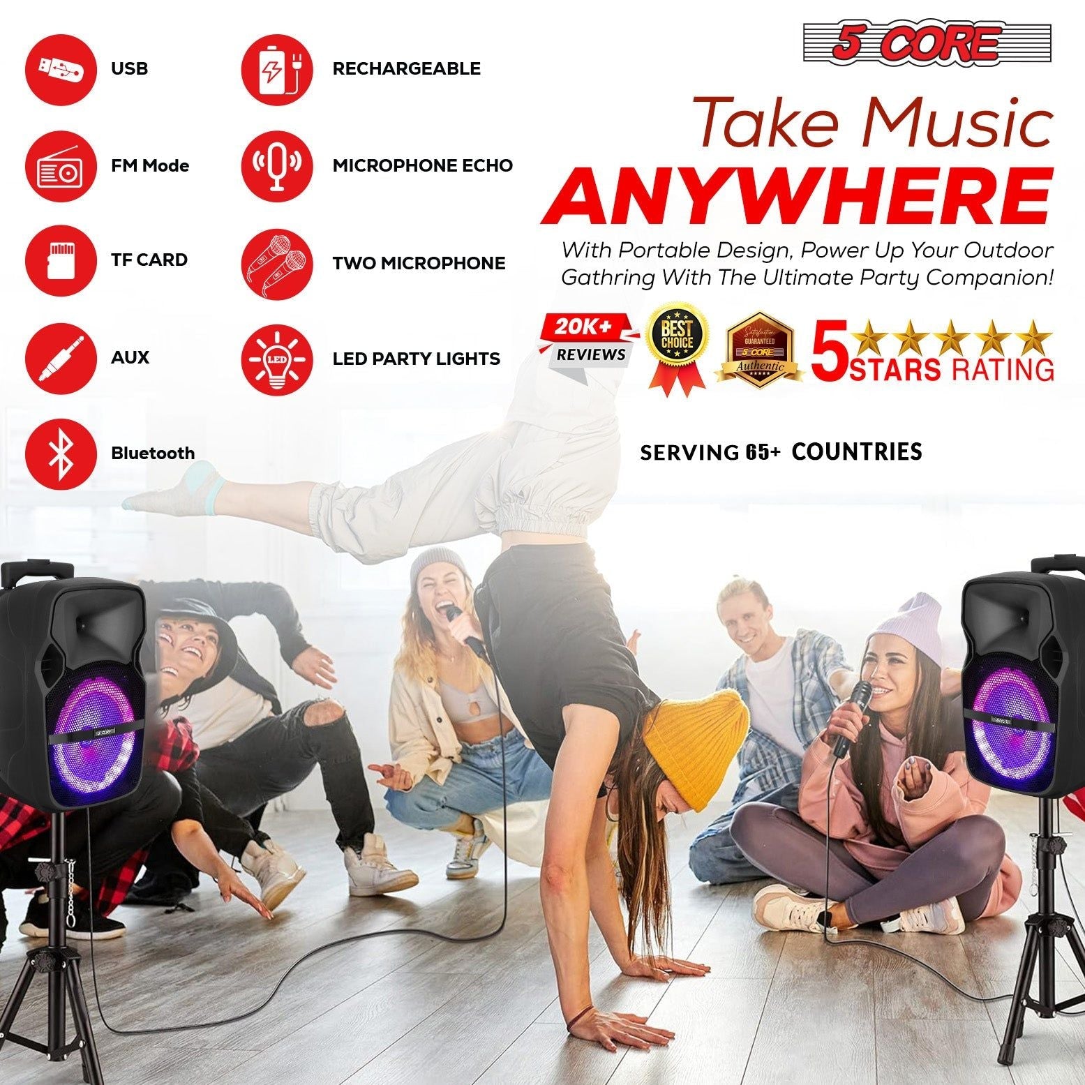 5 Core Party Speaker Bluetooth 250W Big Monster Powered Rechargeable Outdoor PA DJ System w Disco Lights 2 Wireless Karaoke Mics Portable Rolling Speakers w Handle Black - ACTIVE HOME 8 2-MIC New Era Fashion LLc