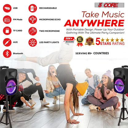 5 Core Party Speaker Bluetooth 250W Big Monster Powered Rechargeable Outdoor PA DJ System w Disco Lights 2 Wireless Karaoke Mics Portable Rolling Speakers w Handle Black - ACTIVE HOME 8 2-MIC New Era Fashion LLc