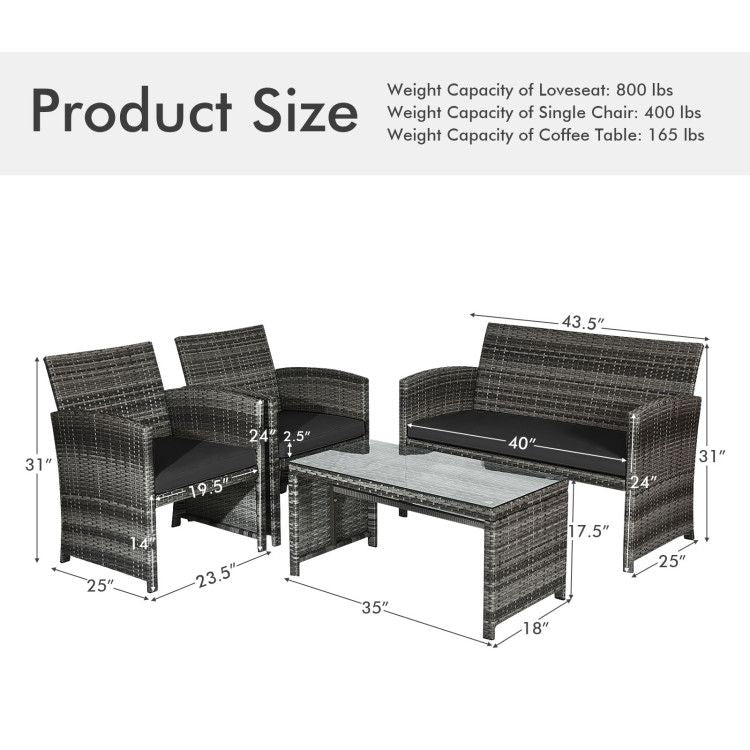 4 Pieces Patio Rattan Furniture Set with Glass Table and Loveseat New Era Fashion LLc