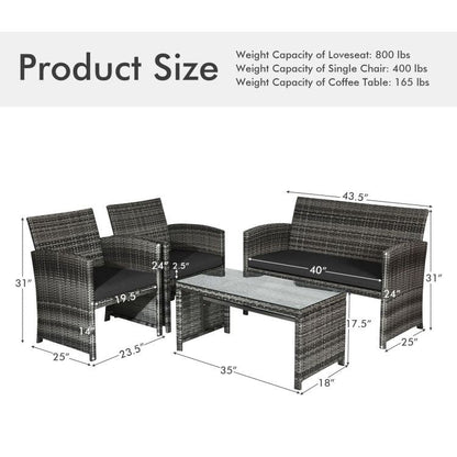 4 Pieces Patio Rattan Furniture Set with Glass Table and Loveseat New Era Fashion LLc