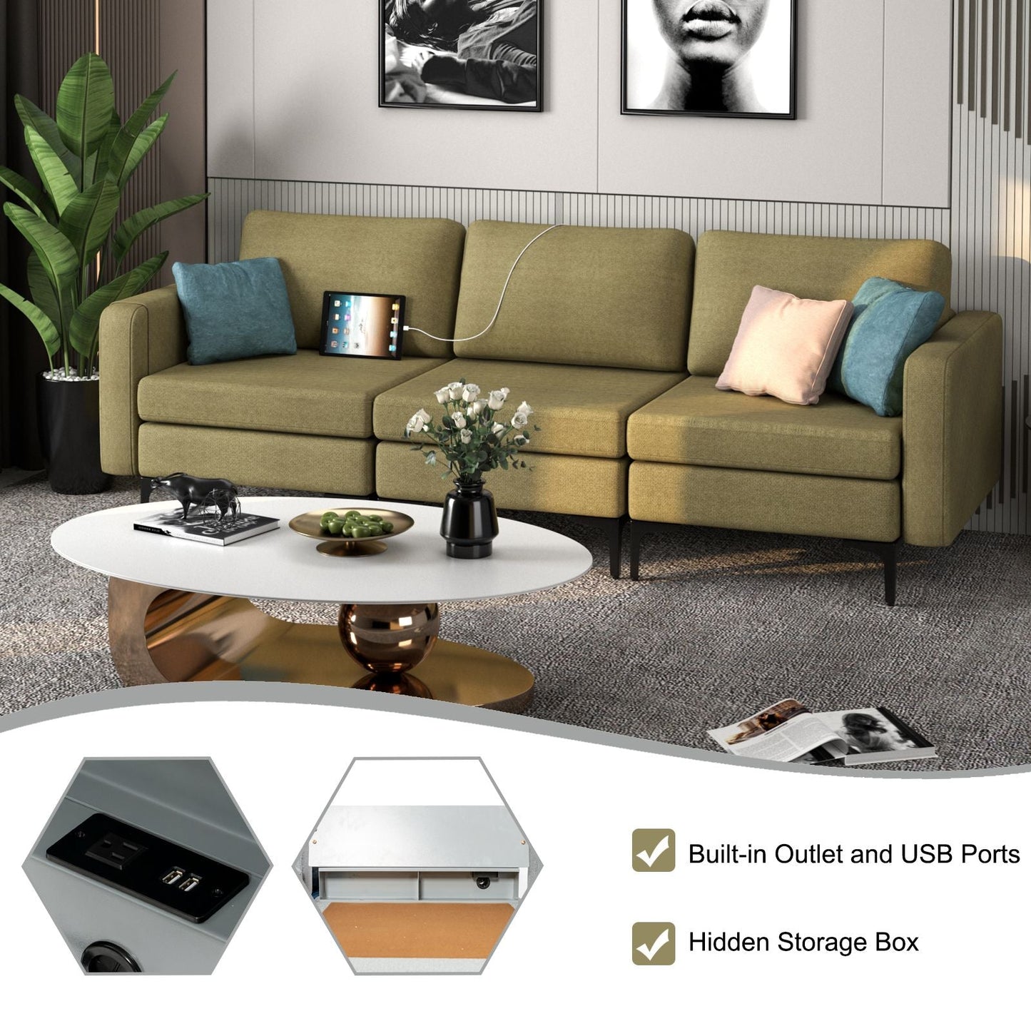 Convertible Sofa Couch with Magazine Pockets 3-Seat with 2 USB Port New Era Fashion LLc