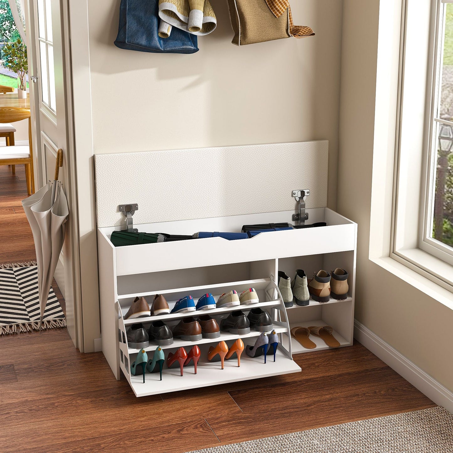 Entryway Bench with Shoe Storage,Adjustable 3-Tier Flip-Up Drawers & Hidden Cabinet,Space-Saving Shoe Organizer,Triple Storage and Modern Design,for Hallway and Living Room New Era Fashion LLc