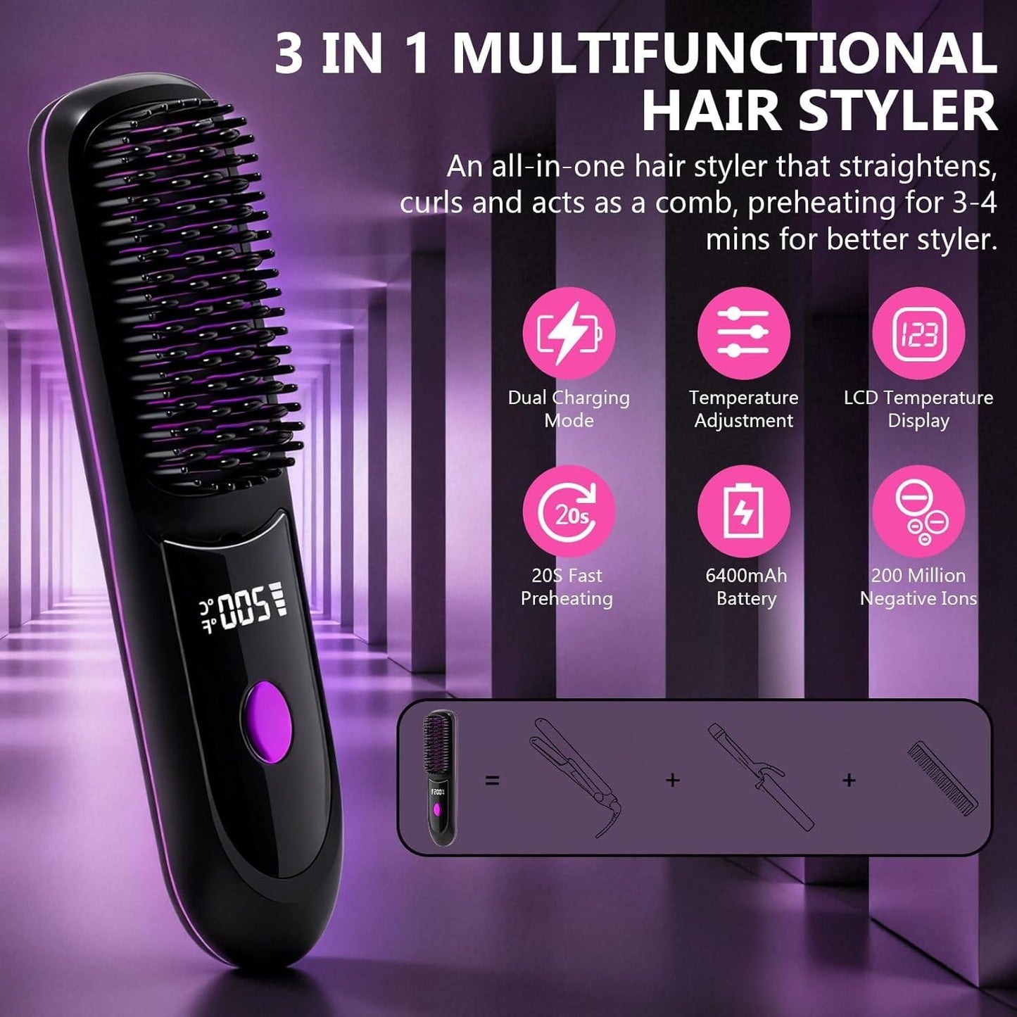 Hair Straightener, Cordless Hair Straightening Brush Portable Cordless Comb with Base Negative Ion Rechargeable Brush for Frizz-Free Shine Straightening, 6400mAh Fast Heating (Black) New Era Fashion LLc