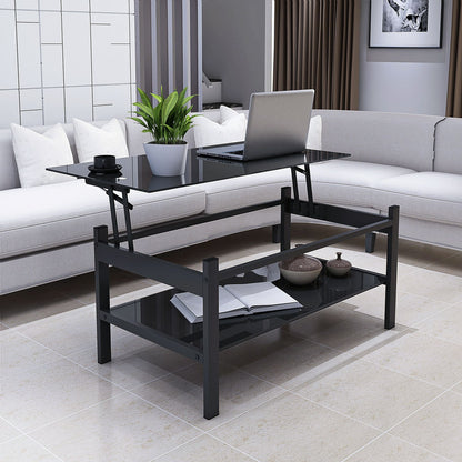 Glass Lift Top Coffee Table;  Modern Simple 2-Layer Tempered Glass Coffee Table for Living Room;  Black New Era Fashion LLc