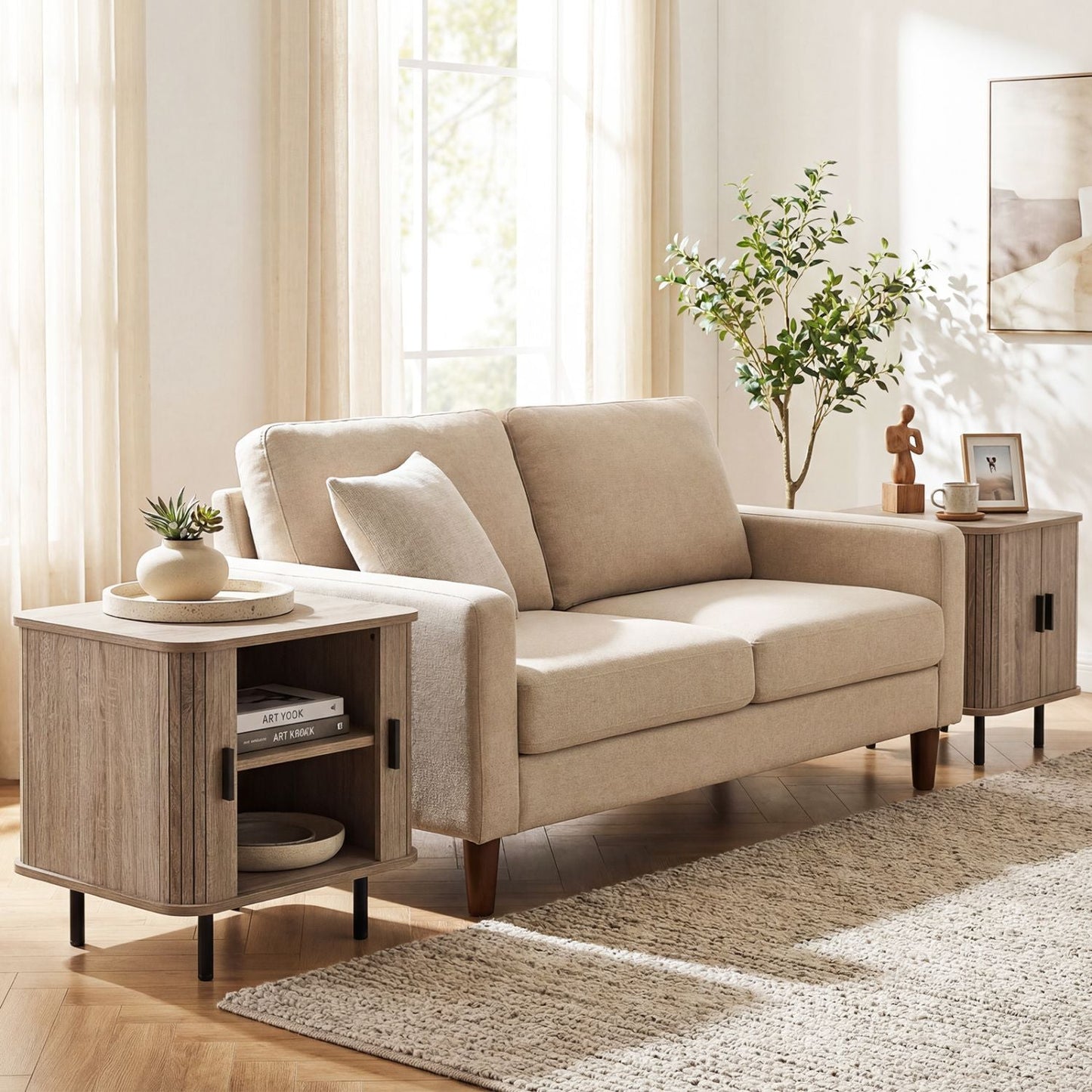 End Table Modern Mid Century Nightstand with Sliding Tambour Doors and Storage Shelf New Era Fashion LLc