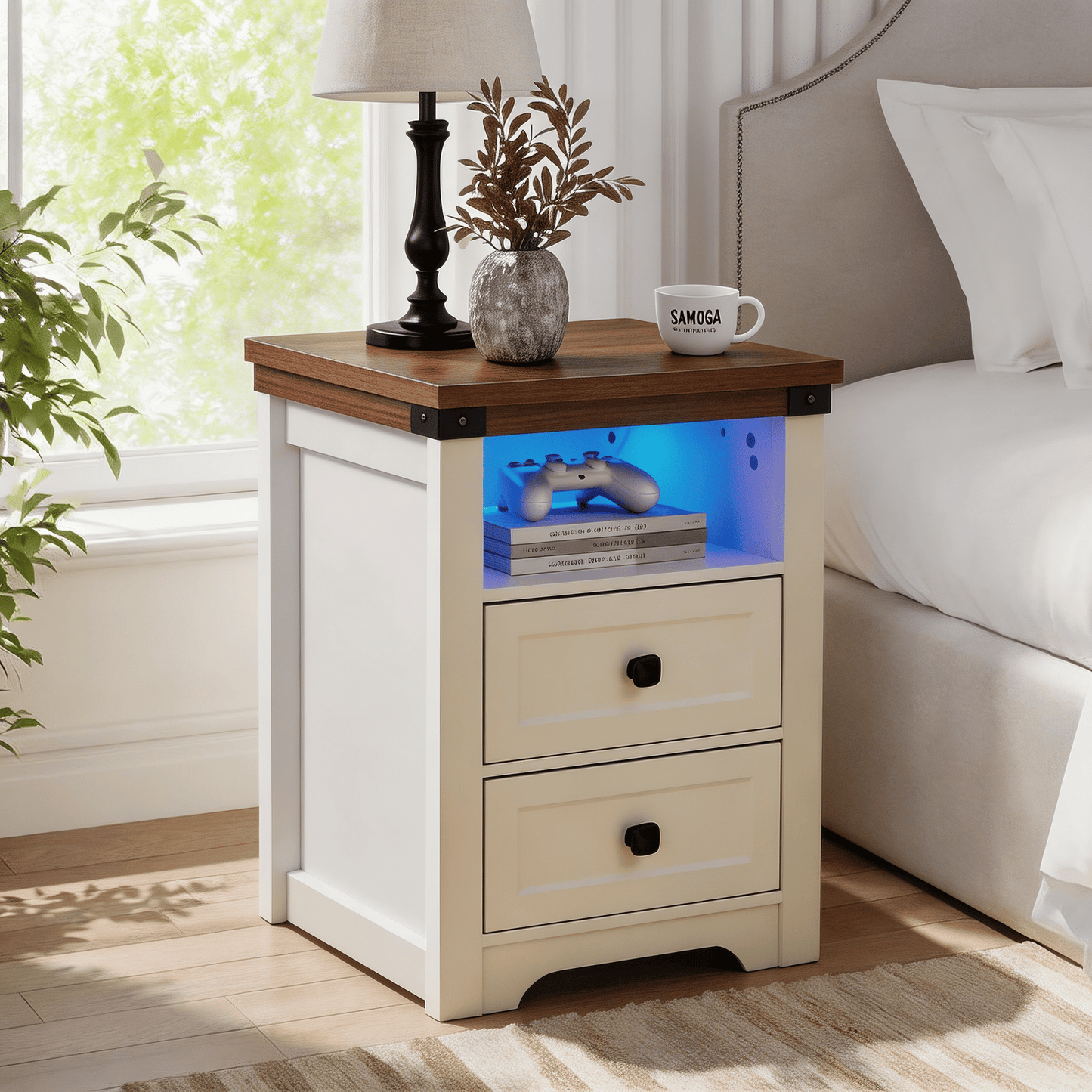 Farmhouse Side Table with Charging Station, Antique Nightstands with Drawers, Bedside Table with Open Shelf for Bedroom New Era Fashion LLc