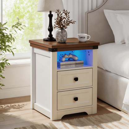 Farmhouse Side Table with Charging Station, Antique Nightstands with Drawers, Bedside Table with Open Shelf for Bedroom New Era Fashion LLc