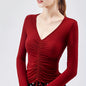 Solid Drawstring Ruched V-neck T-Shirt, Casual Long Sleeve T-Shirt For Spring & Fall, Women's Clothing New Era Fashion LLc