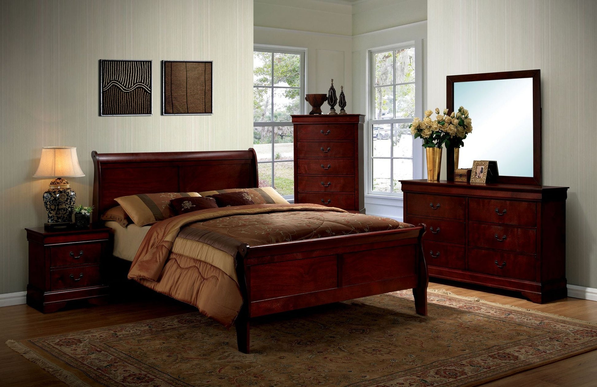 1pc Nightstand Cherry Finish Louis Philippe Solid wood English Dovetail Construction Antique Nickle Hanging Pulls New Era Fashion LLc