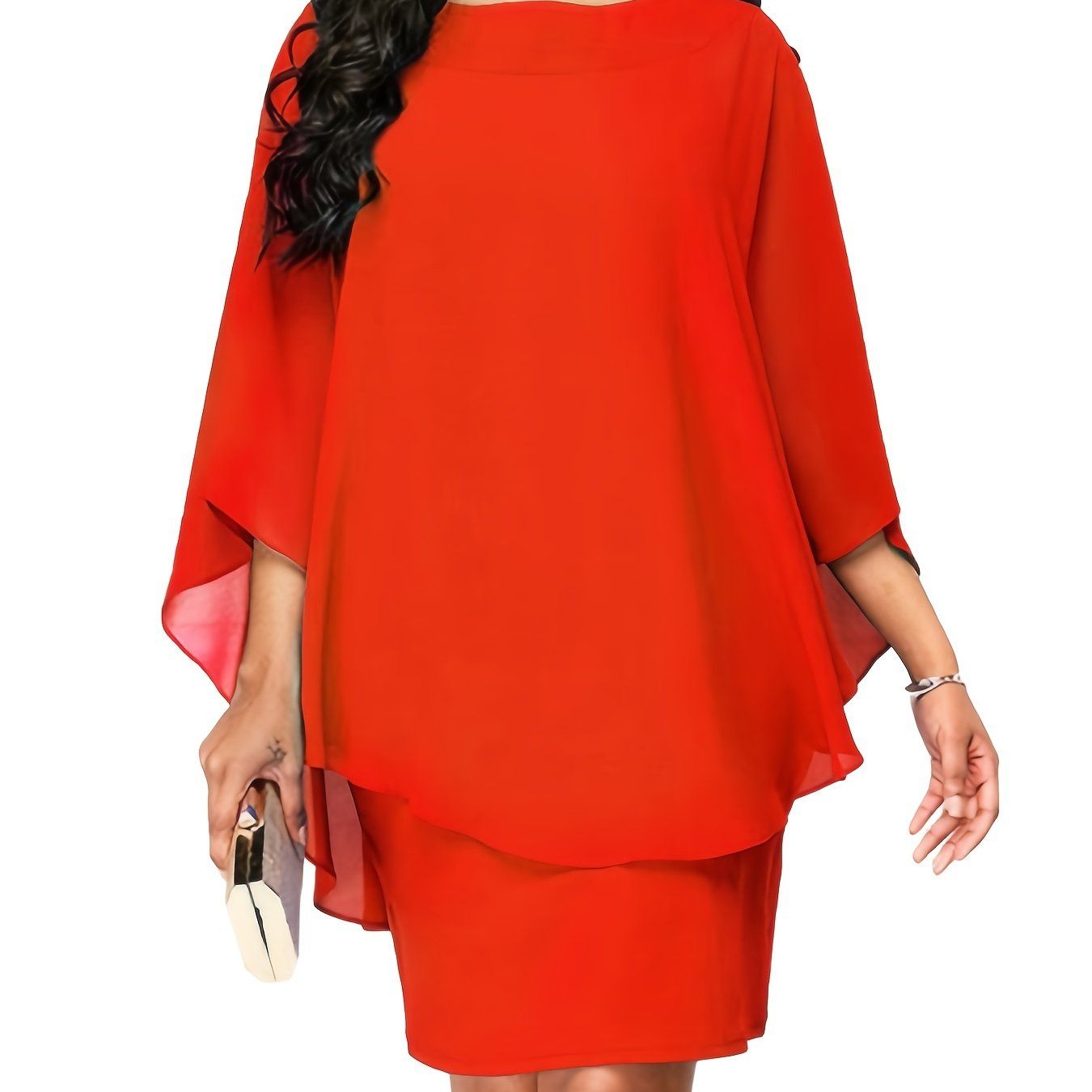 Plus Size Solid Round Neck 3/4 Sleeve Cape Midi Dress; Women's Plus Elegant Slight Stretch Cape Midi Dress New Era Fashion LLc