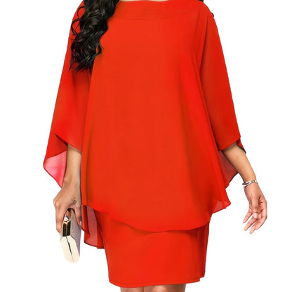 Plus Size Solid Round Neck 3/4 Sleeve Cape Midi Dress; Women's Plus Elegant Slight Stretch Cape Midi Dress New Era Fashion LLc