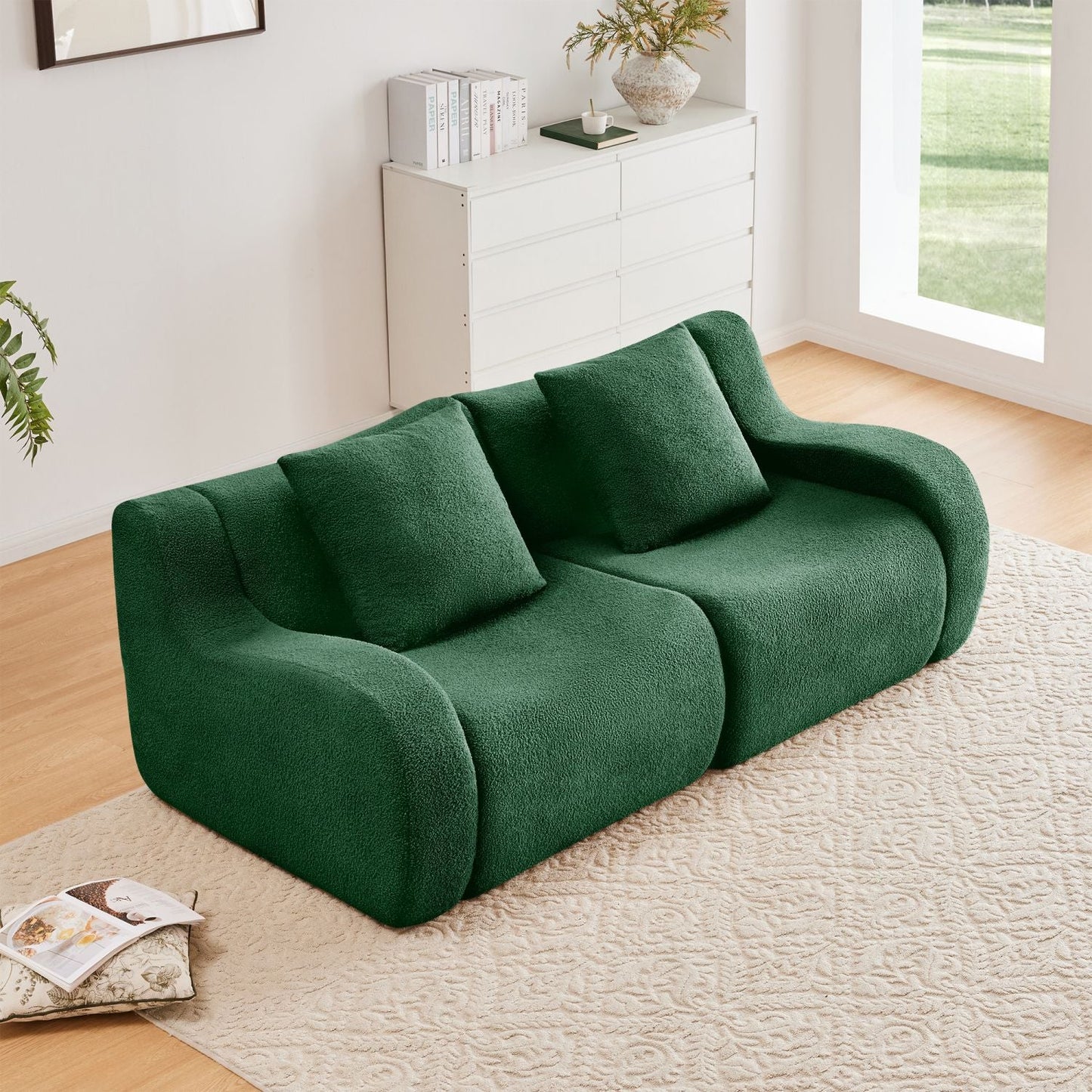 Soft Teddy Fabric Boneless Sofa,No Assembly Required Streamlined Design,Anti-Slip Design 32D High Density Sponge Fits Living Rooms Bedrooms,Green New Era Fashion LLc