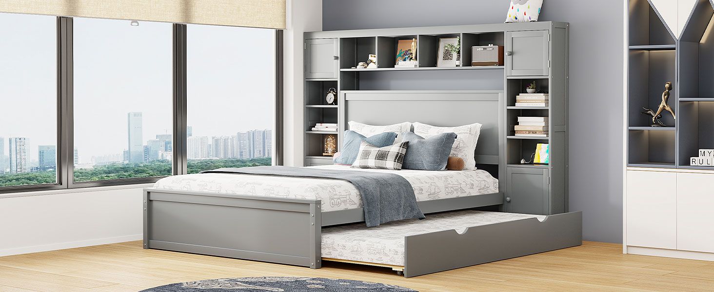 Queen Size Wooden Bed With All-in-One Cabinet, Shelf and Sockets,Twin XL Trundle, Gray New Era Fashion LLc