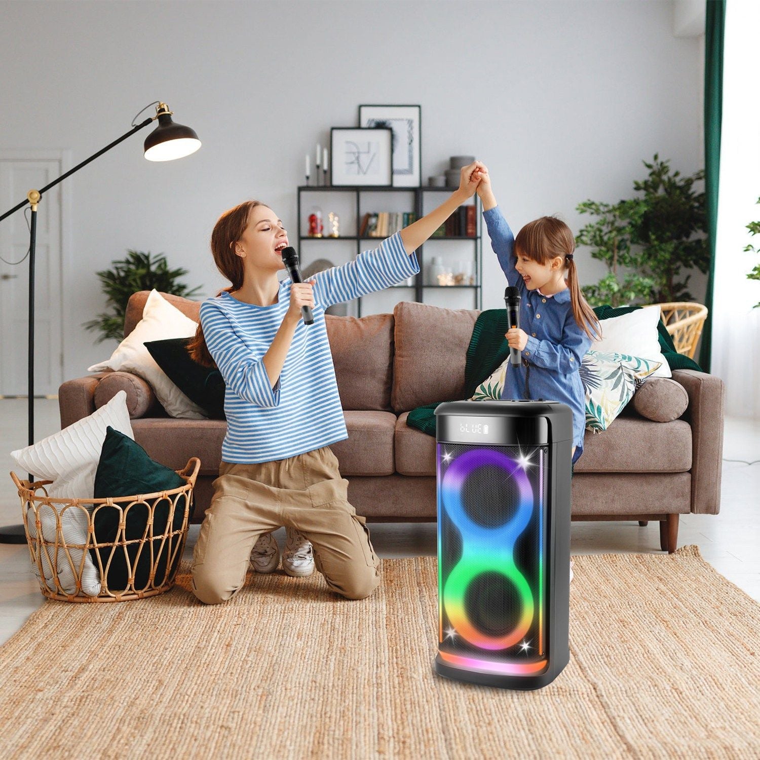 Portable Wireless Party Speaker with LED Light Wireless Mic Remote Control TWS Treble Bass Mic. Echo Music Accompany Mic. Priority Guitar In New Era Fashion LLc