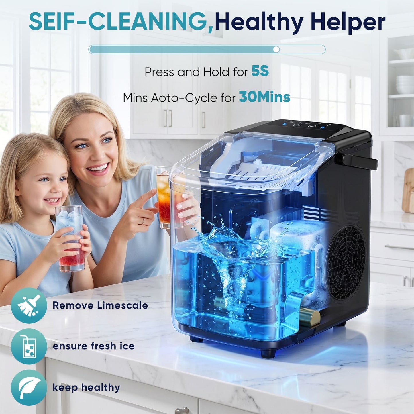 Desktop ice maker, with movable handle, can produce 9 ice balls in 6 to 8 minutes, equipped with a basket and a spoon New Era Fashion LLc