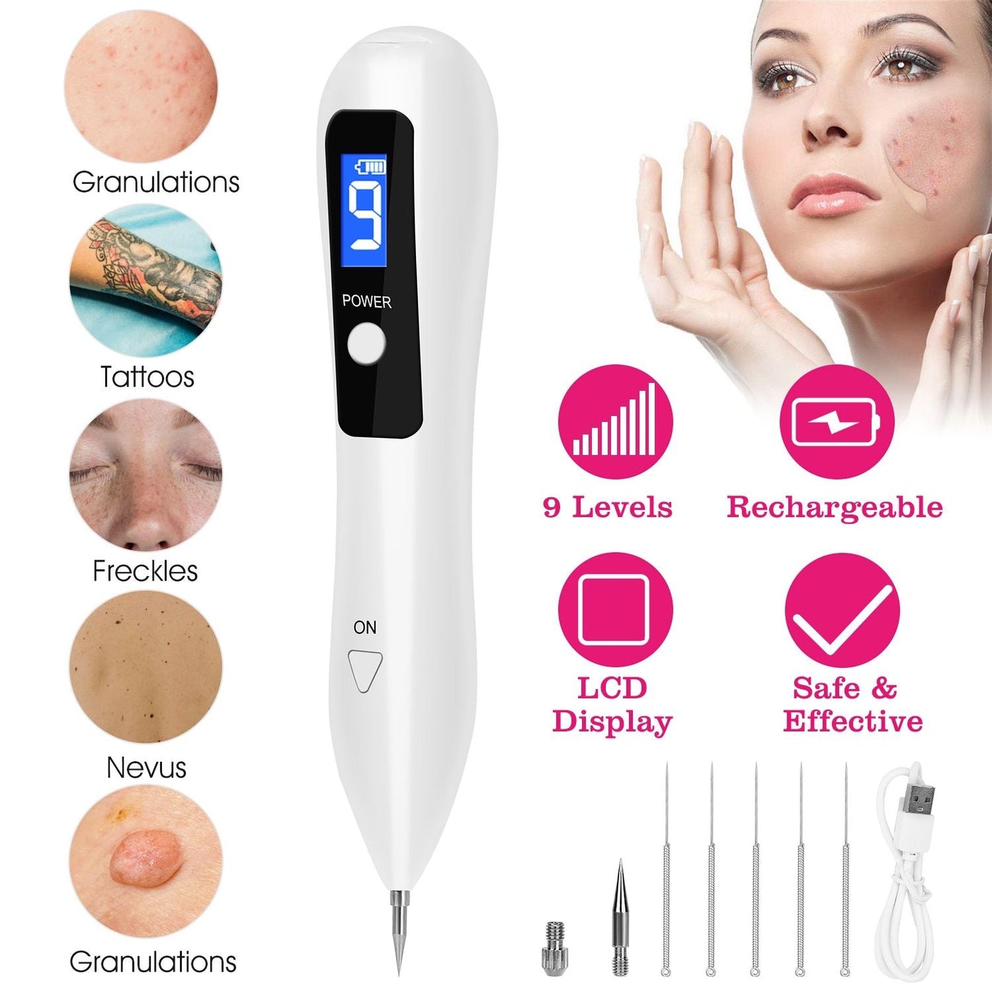 Skin Tag Repair Kit Portable Beauty Equipment Multi-Level with Home Usage USB Charging LCD Level Adjustable 6 Replaceable Needles New Era Fashion LLc
