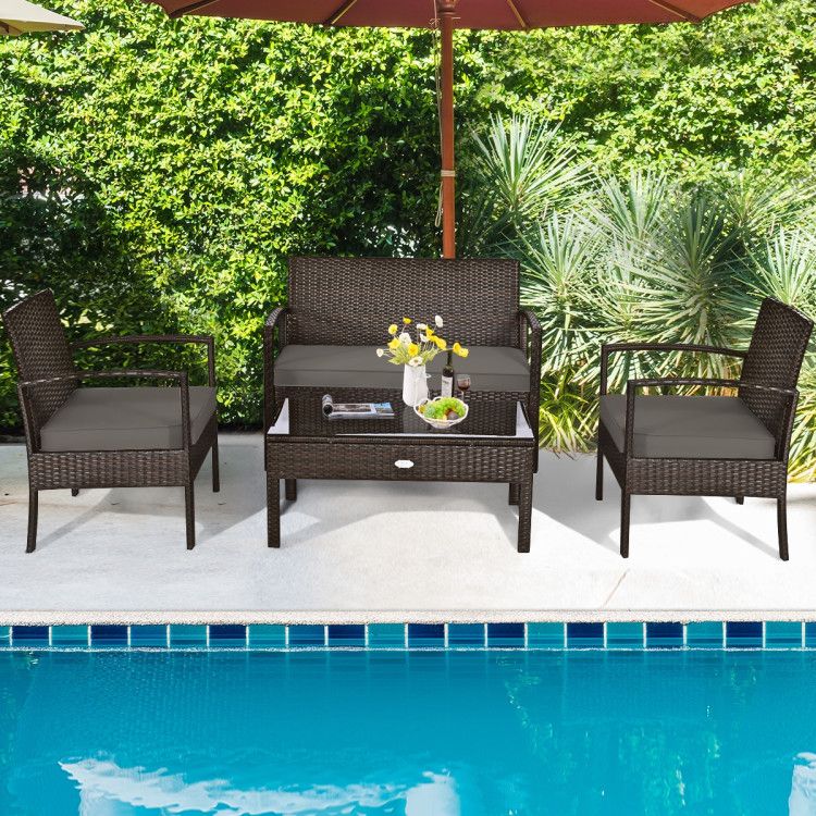 4 Pieces Patio Rattan Cushioned Furniture Set with Loveseat and Table Outdoor Conversation Sets New Era Fashion LLc