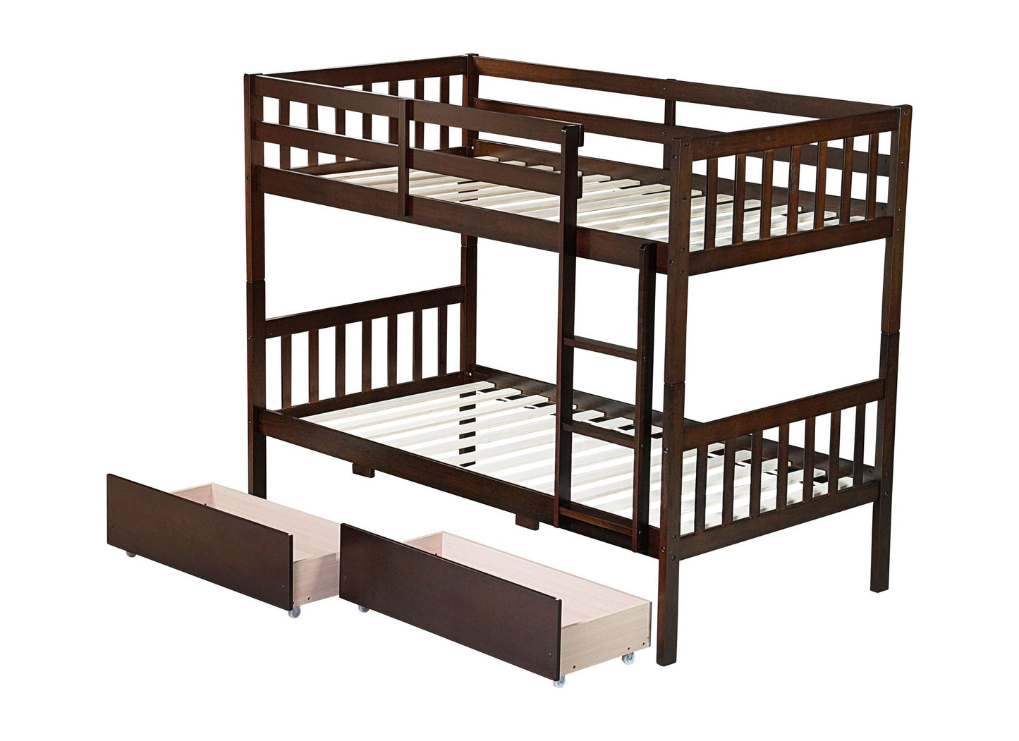 Twin Over Twin Rubber Wood Bunk Bed with 2 Drawers, Convertible into 2 Twin Beds, Twin Size Bunk Bed with Ladder and Safety Guardrails New Era Fashion LLc