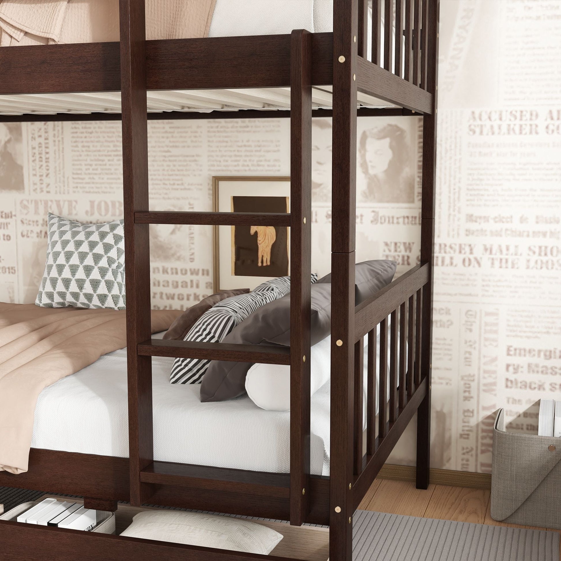 Twin Over Twin Rubber Wood Bunk Bed with 2 Drawers, Convertible into 2 Twin Beds, Twin Size Bunk Bed with Ladder and Safety Guardrails New Era Fashion LLc