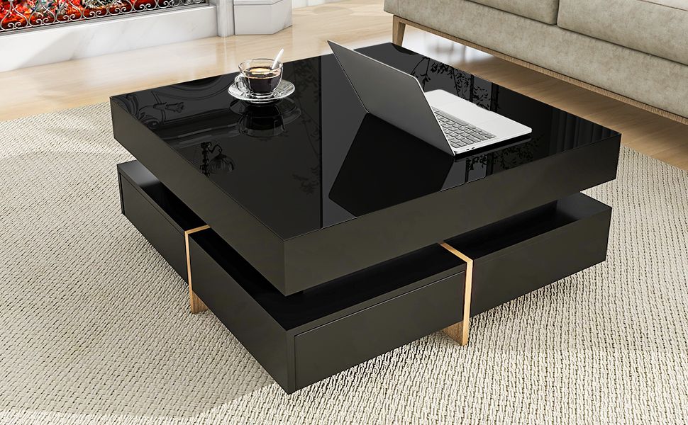 Sleek Black High Gloss Modern Coffee Table with 4 Drawers for Organized Living Rooms, Square Design with Wood Grain Legs, Ideal Cocktail Table 31.5''x31.5'' New Era Fashion LLc
