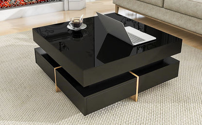 Sleek Black High Gloss Modern Coffee Table with 4 Drawers for Organized Living Rooms, Square Design with Wood Grain Legs, Ideal Cocktail Table 31.5''x31.5'' New Era Fashion LLc