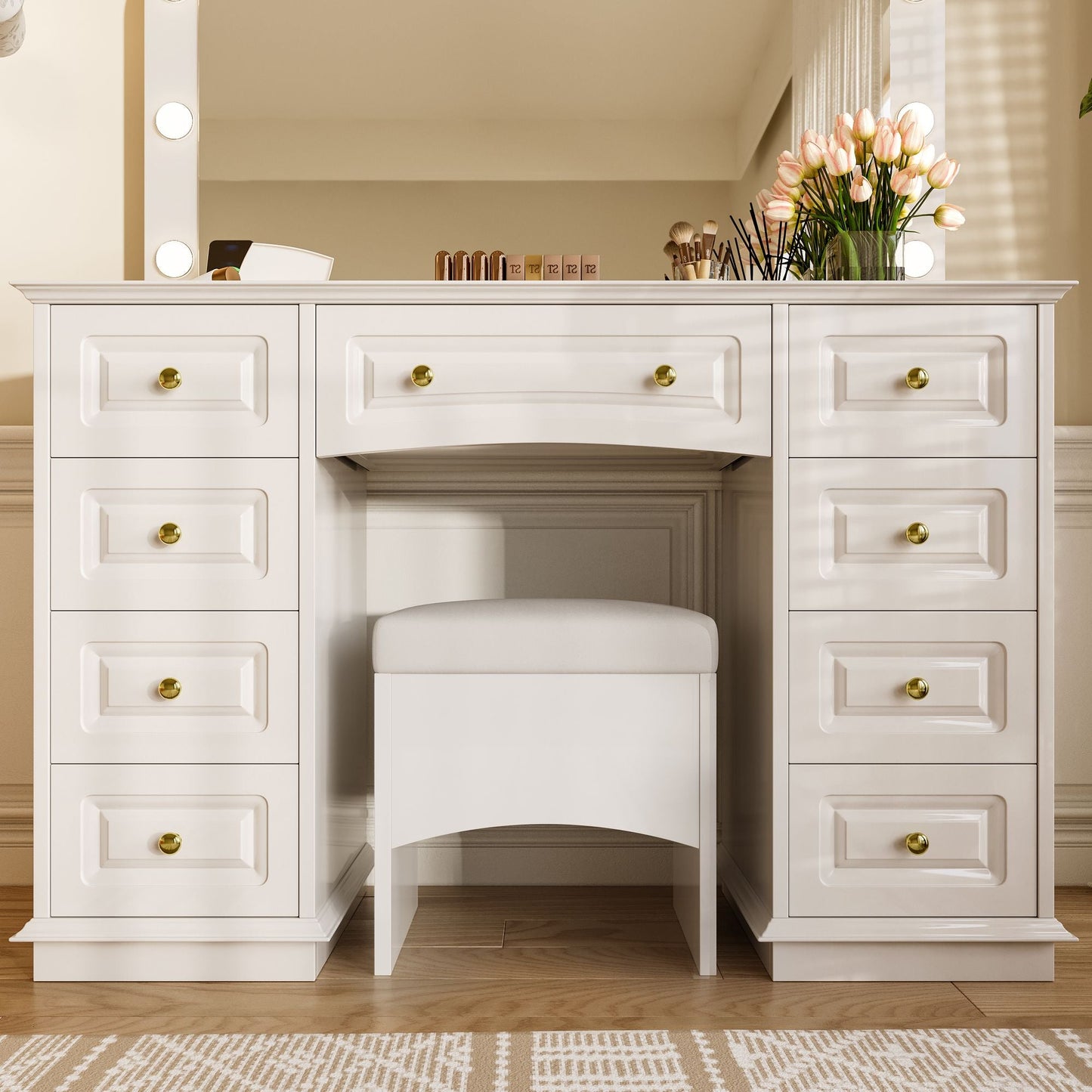 Luxurious Makeup Vanity with 10 Hollywood Bulbs, 3 Color Lighting Modes, Classic Dressing Table with Cushioned Stool and 9 Storage Drawers for Bedroom New Era Fashion LLc