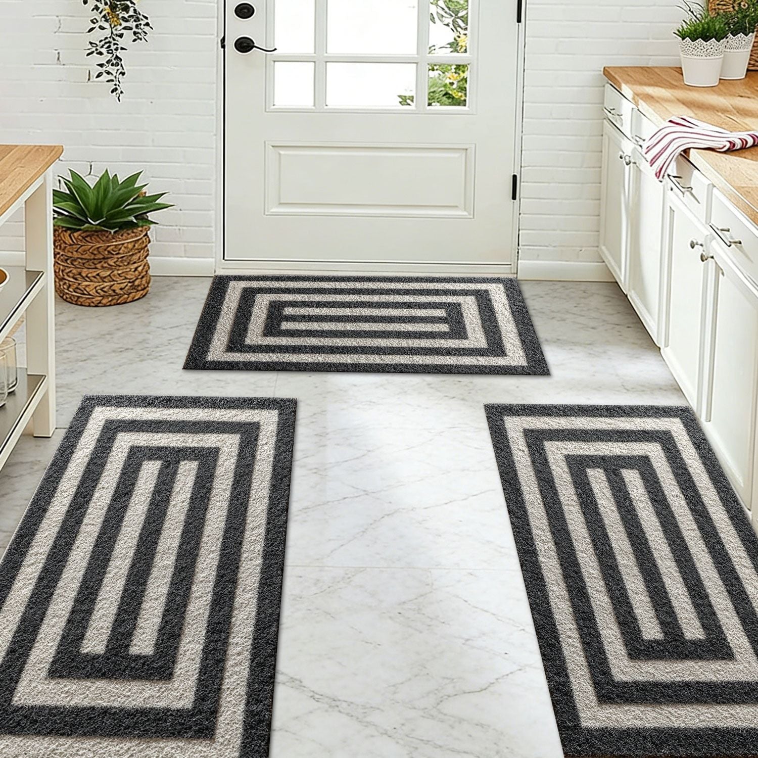 Three-piece kitchen rug set, non-slip and washable, abstract pattern kitchen hallway rug, soft and comfortable, suitable for sinks, floors, entrances, hallways and bathrooms. New Era Fashion LLc