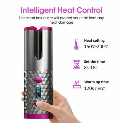 Hair Curler LCD Cordless Auto Rotating Waver Curling Iron Ceramic Wireless USA New Era Fashion LLc