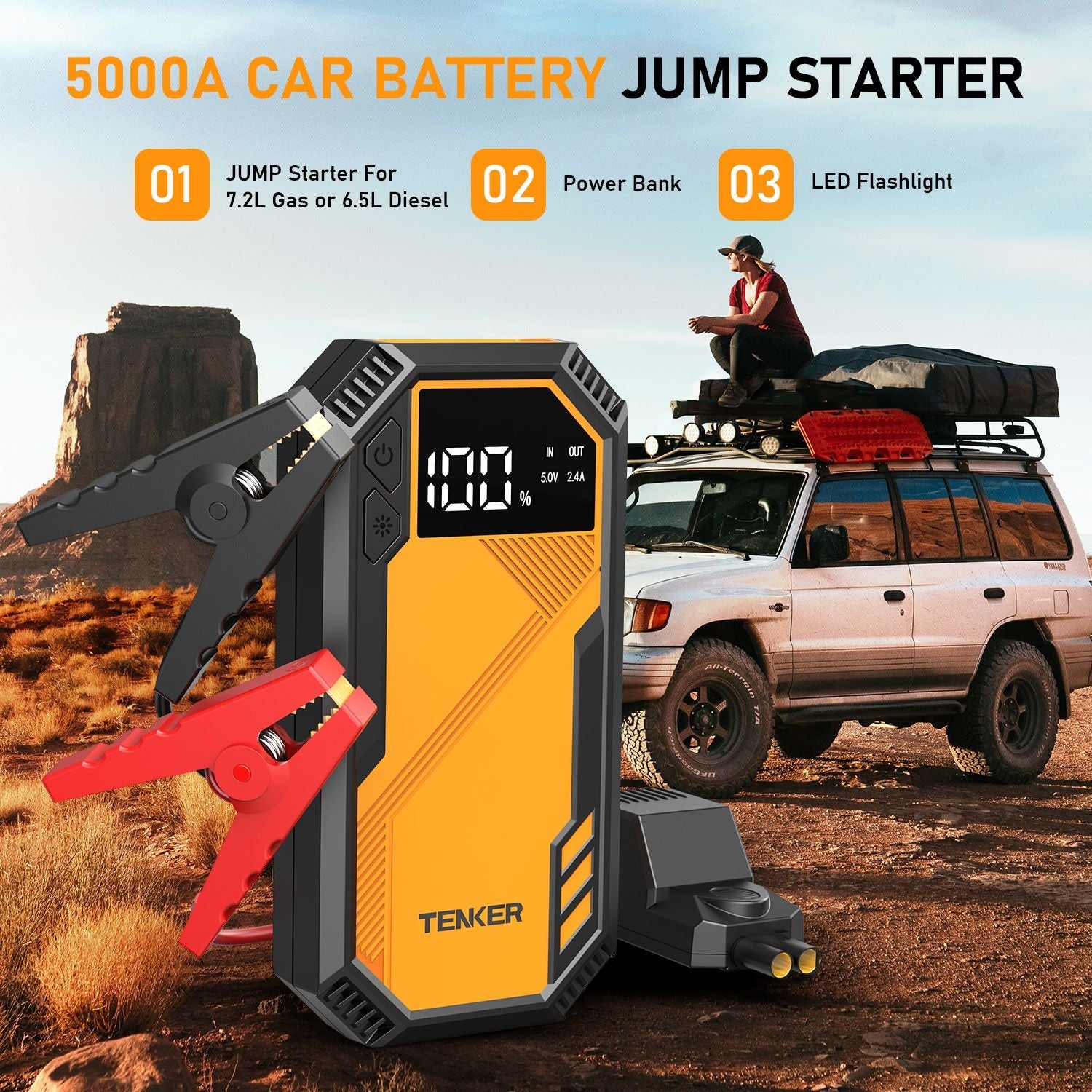 5000A Car Jump Starter 7.2L Gas or 6.5L Diesel 44.4W Portable Power Bank LED Flashlight 12V Jumper Box 10 Protections Built in Comprehensive Protection New Era Fashion LLc