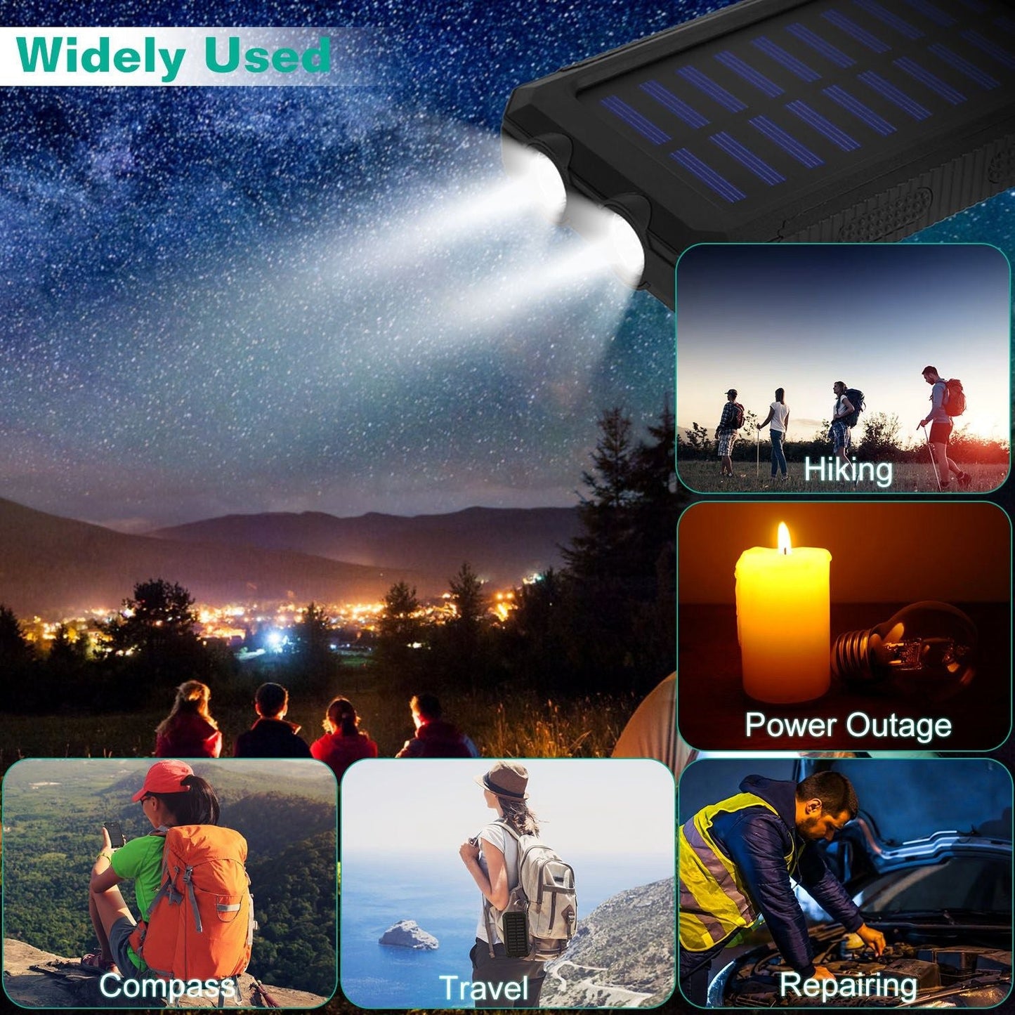 10000mAh Solar Power Bank External Battery Pack Dual USB Ports Outdoor Charger with Battery Indicators SOS LED Lights Compass Camping Hiking New Era Fashion LLc