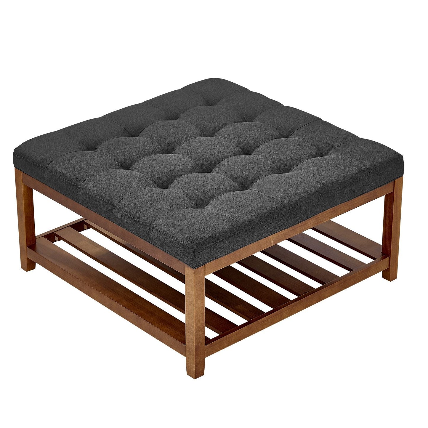 Large Square Ottoman Coffee Table, 34.5 Inch Tufted Coffee Table with Solid Wood Shelf Storage, Linen Solid Upholstered Footrest Ottoman for Bedroom Living Room, 400 LBS, Dark Gray New Era Fashion LLc