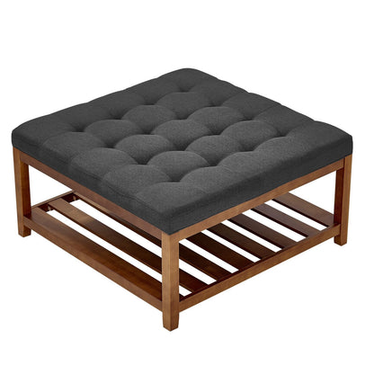 Large Square Ottoman Coffee Table, 34.5 Inch Tufted Coffee Table with Solid Wood Shelf Storage, Linen Solid Upholstered Footrest Ottoman for Bedroom Living Room, 400 LBS, Dark Gray New Era Fashion LLc