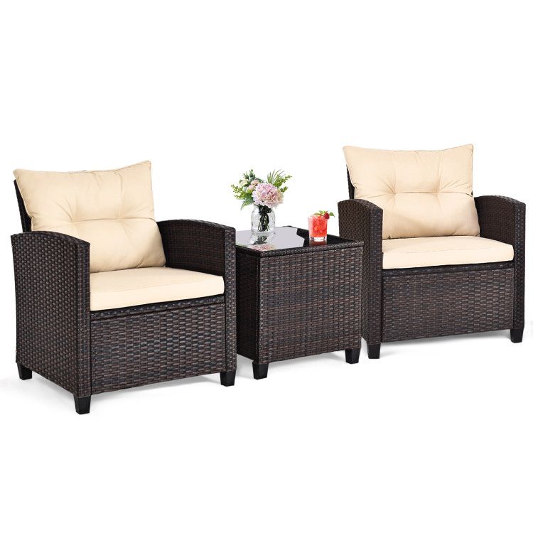 3 Pieces Patio Rattan Furniture Set with 4 Removable Cushions New Era Fashion LLc