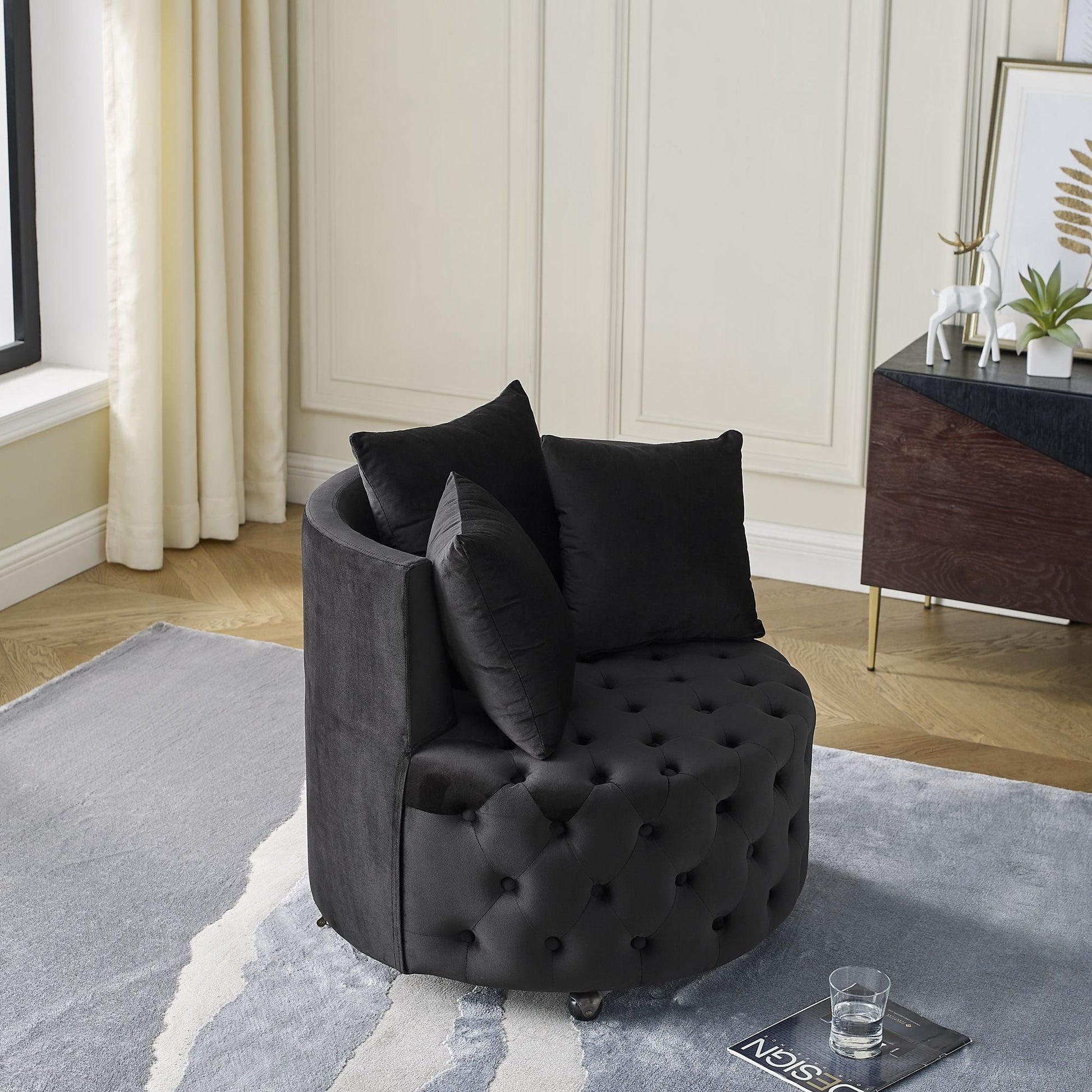 Velvet Upholstered Swivel Chair for Living Room, with Button Tufted Design and Movable Wheels, Including 3 Pillows New Era Fashion LLc