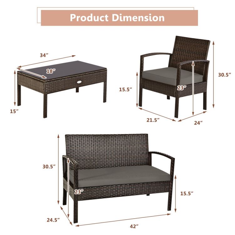 4 Pieces Patio Rattan Cushioned Furniture Set with Loveseat and Table Outdoor Conversation Sets New Era Fashion LLc