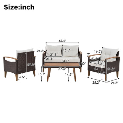 4-Piece Garden Furniture; Patio Seating Set; PE Rattan Outdoor Sofa Set; Wood Table and Legs; Brown and Beige New Era Fashion LLc