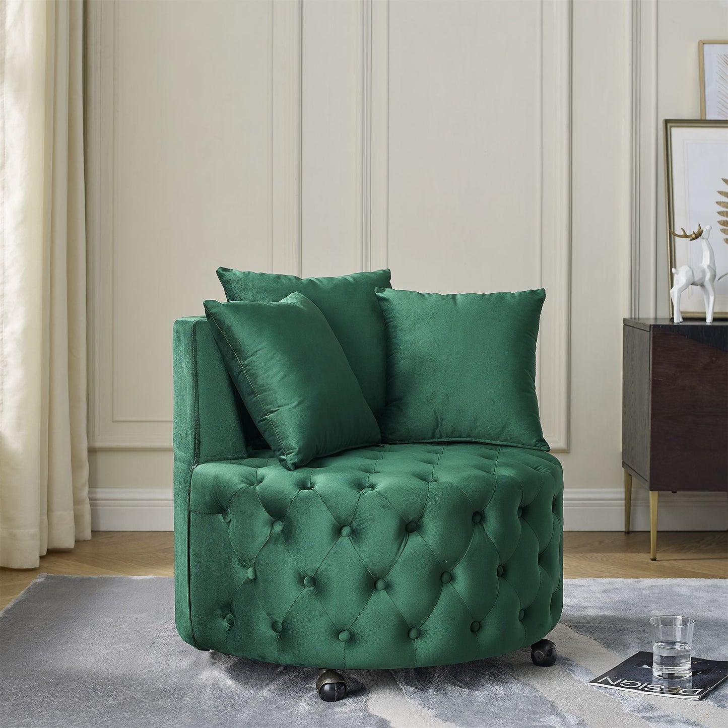 Velvet Upholstered Swivel Chair for Living Room, with Button Tufted Design and Movable Wheels, Including 3 Pillows New Era Fashion LLc